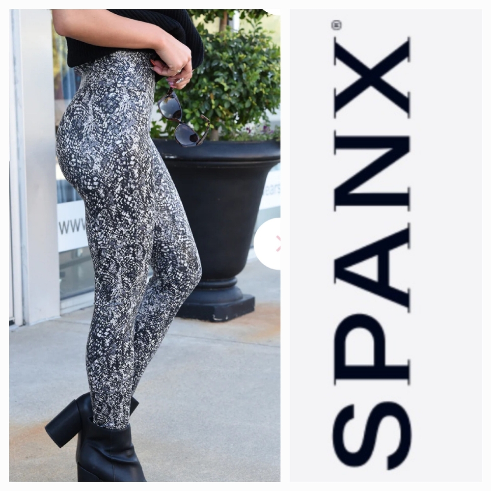 SPANX Faux Leather Shine Leggings Snakeskin Print Sz S Black Multi